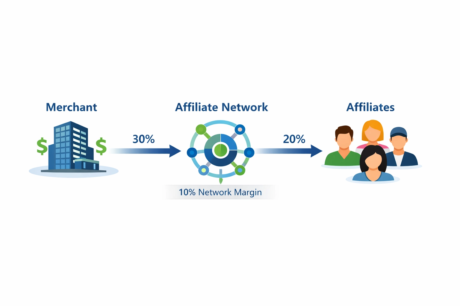 Affiliate network ecosystem showing merchant, network, and affiliate payment flow