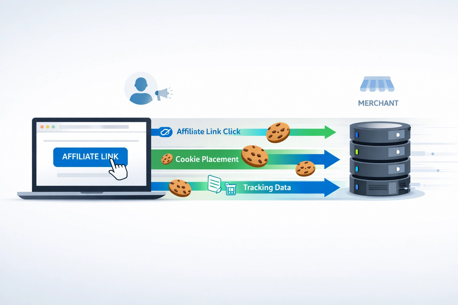 Cookie tracking mechanism showing data flow between user, affiliate, and merchant