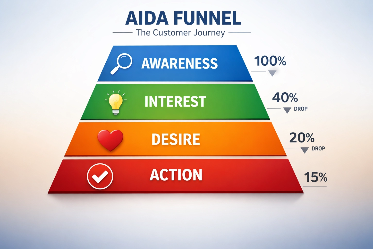 AIDA Funnel Visualization showing four stages: Awareness, Interest, Desire, and Action