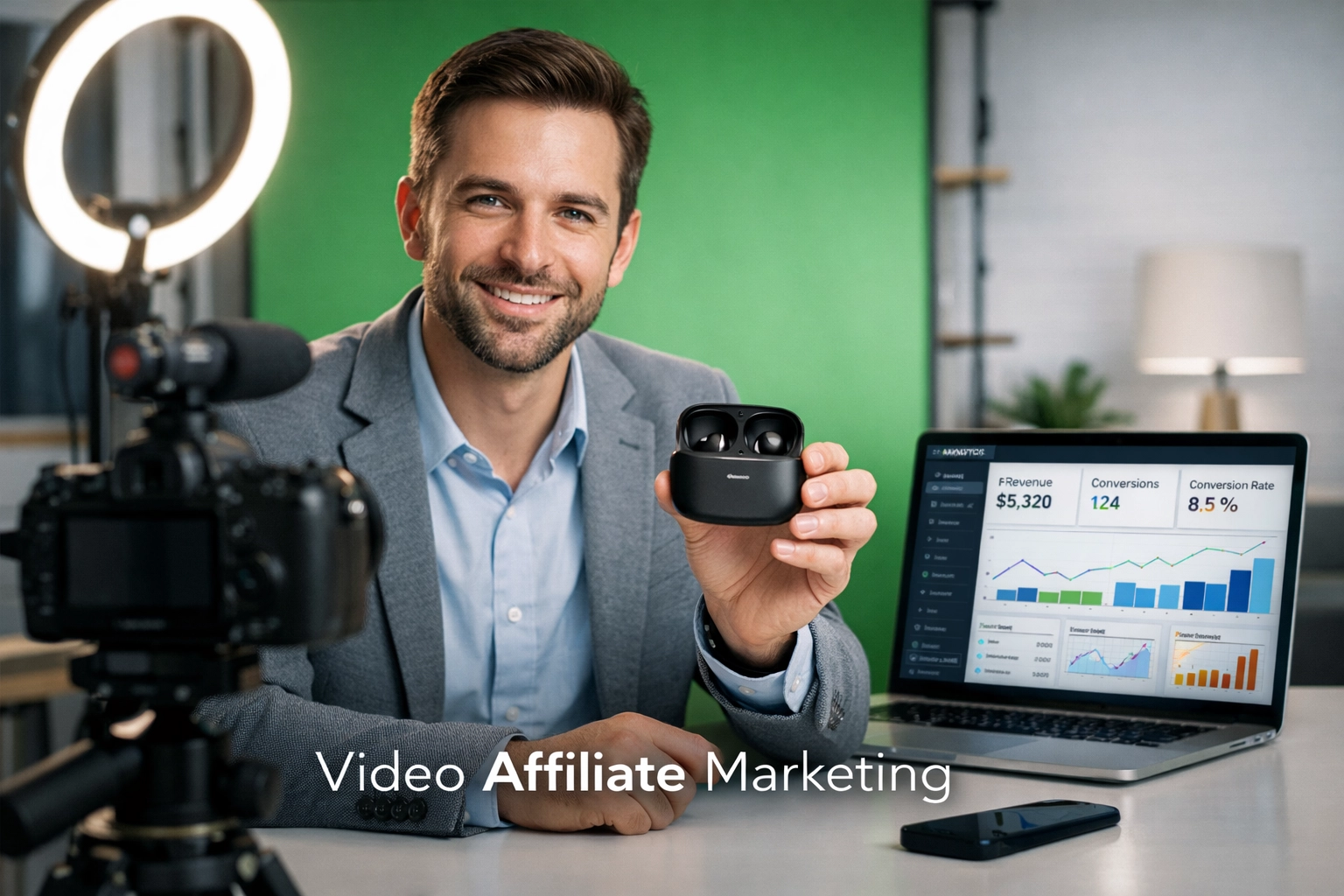 Profesionálny tvorca videí natáča recenziu produktu pre affiliate marketing