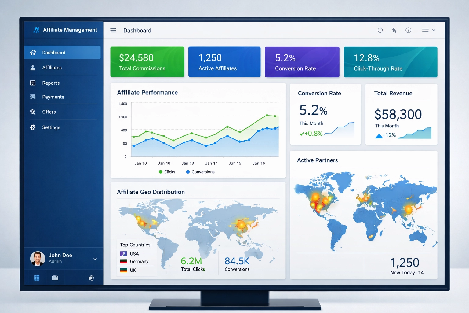 Profesionálny affiliate dashboard zobrazujúci metriky a výkonnosť v reálnom čase