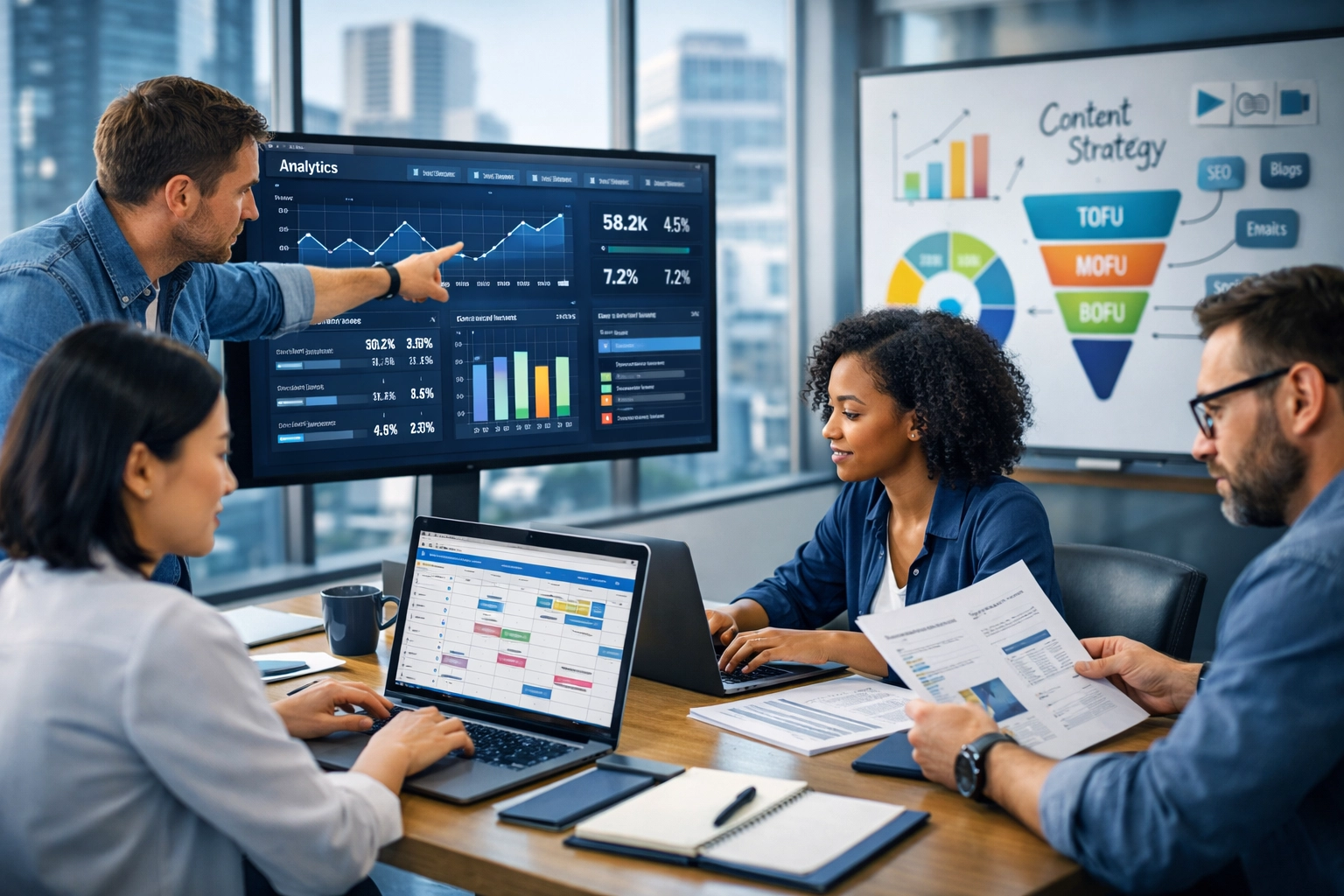 B2B SaaS content marketing tímová spolupráca v modernom kancelárskom prostredí s analytickým dashboardom