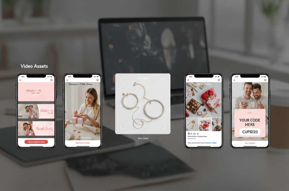 Social-first affiliate marketingové aktíva zobrazené na mobilných zariadeniach ukazujúce Instagram Stories, TikTok a rozmery príspevkov vo feede s valentínskymi kreatvínymi príkladmi