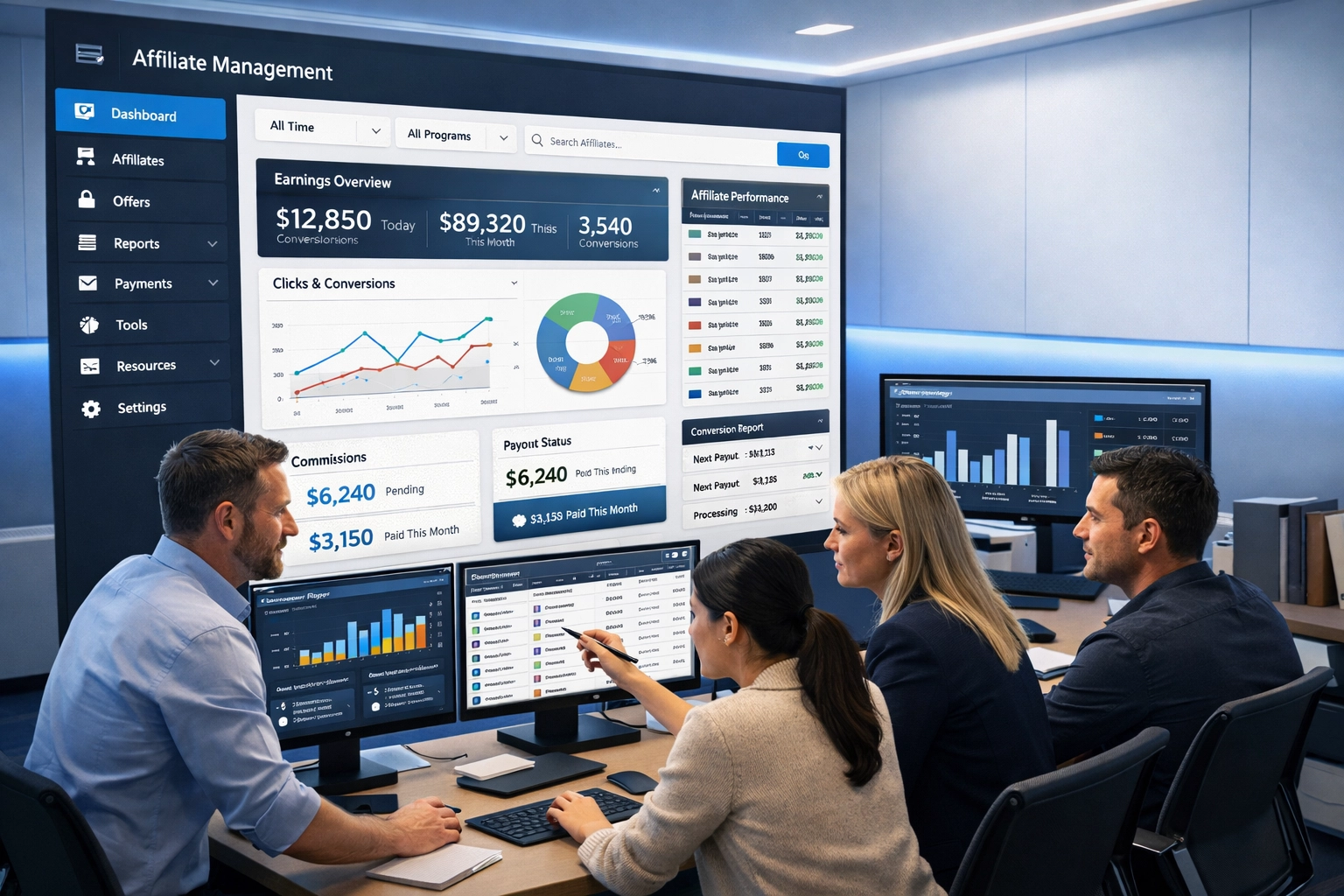 Moderný dashboard správy affiliate programu so zjednodušenou navigáciou a analytikou v reálnom čase
