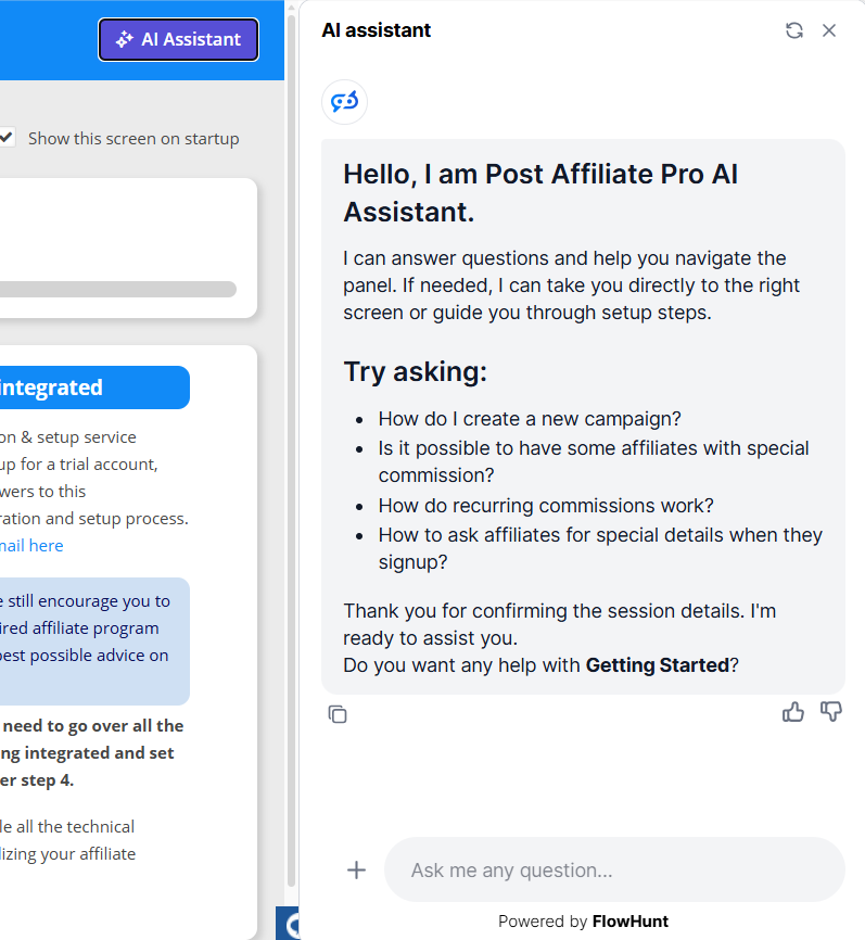 Úvodný chatovací bot AI asistenta Post Affiliate Pro