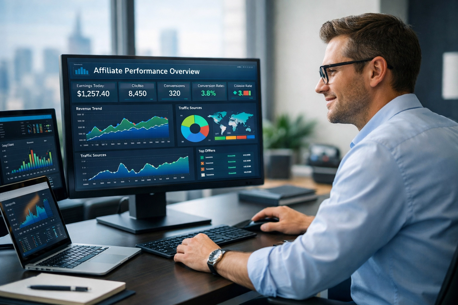 Profesionálny affiliate marketér pracujúci s pokročilým analytickým panelom