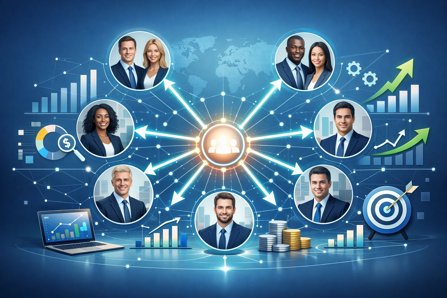 Affiliate marketing network visualization showing partners connected through digital channels