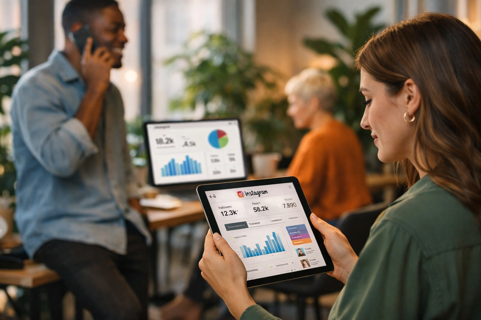 Profesionálny tím pre marketing na Instagrame pri práci s analytickými nástrojmi