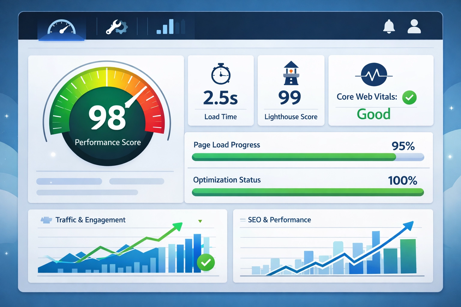 Website performance analytics dashboard showing speed metrics and optimization data