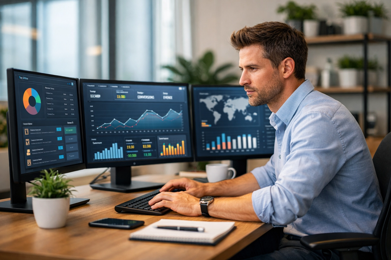 Profesionálny affiliate manažér pracuje pri modernom stole s analytickými dashboardmi