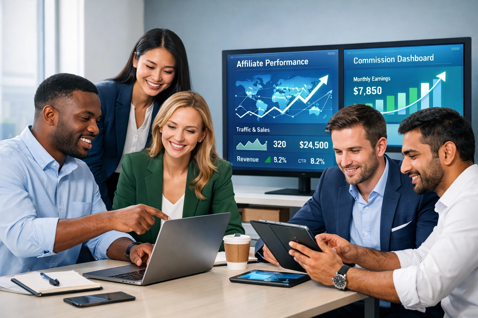 Diverse team of affiliate marketers collaborating with digital dashboards