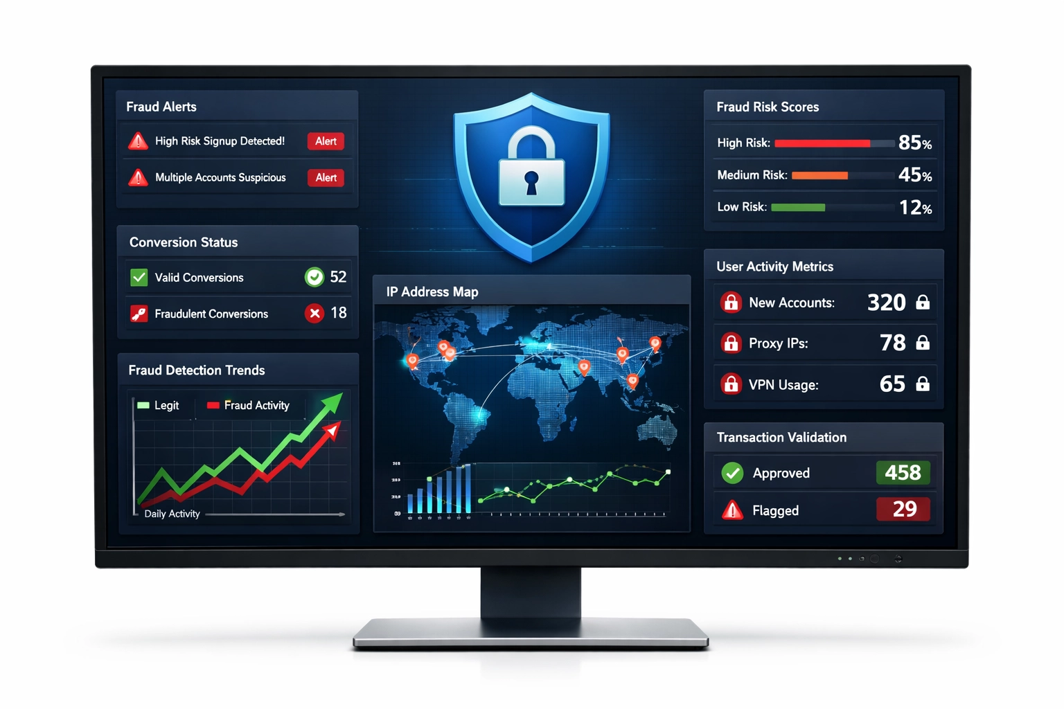 Affiliate fraud detection dashboard with real-time monitoring alerts and security indicators