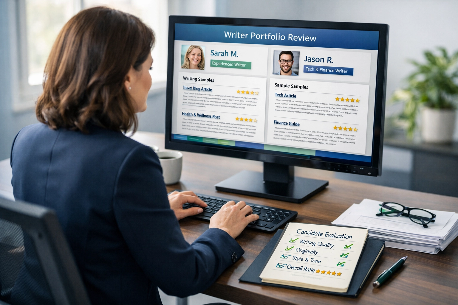 Profesionál hodnotí portfóliá freelance copywriterov na počítači