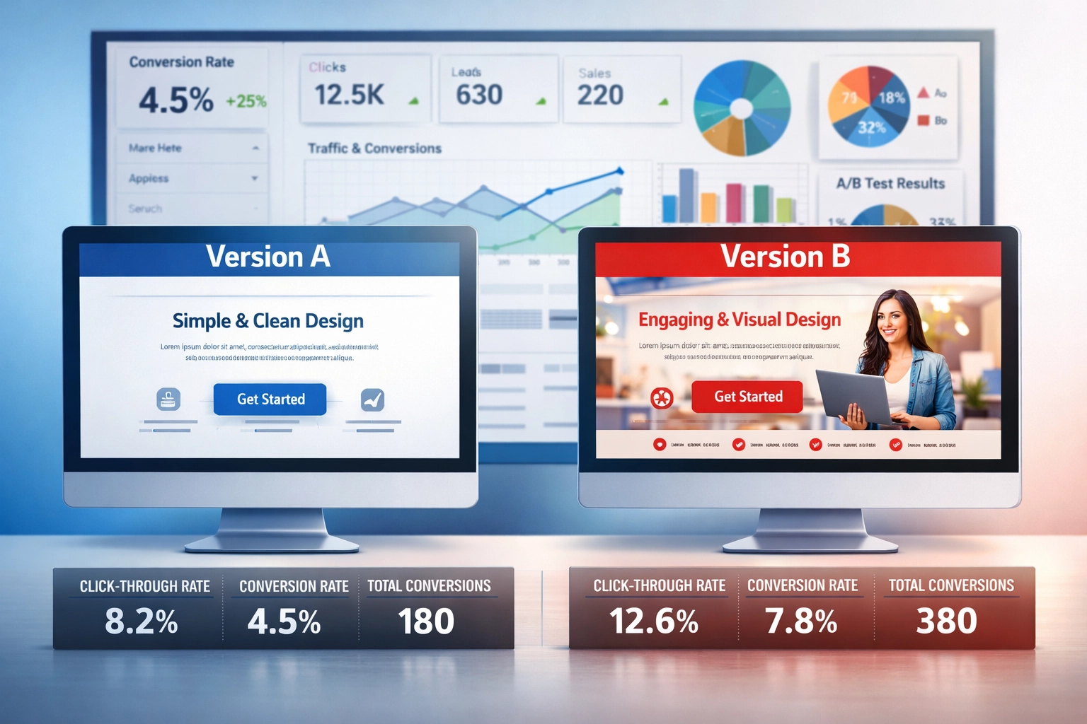 A/B testing concept showing two landing page variations with analytics dashboard