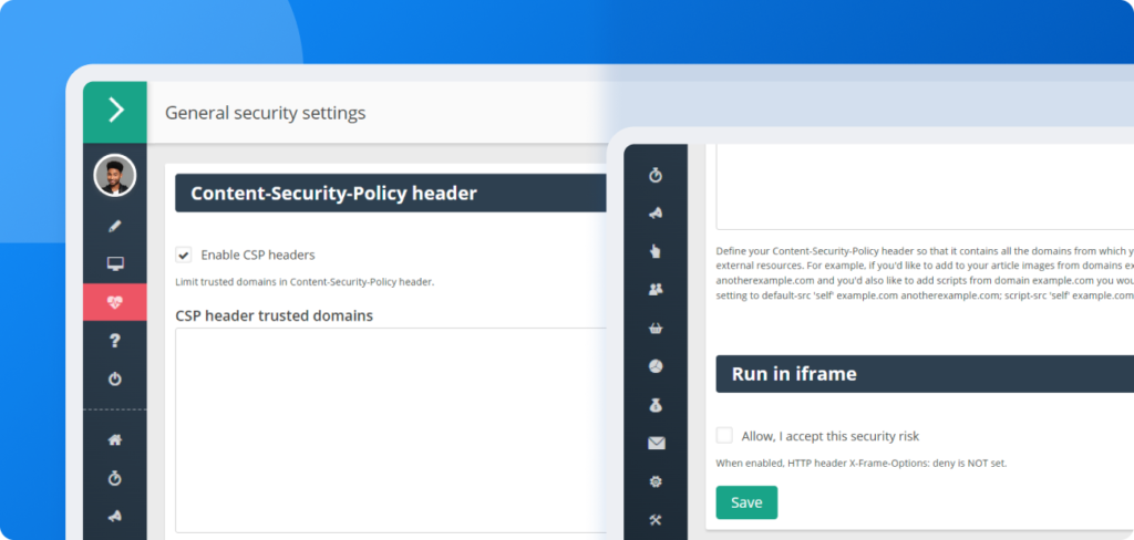Obrazovka konfigurácie ukazujúca, ako povoliť CSP hlavičky a nastaviť dôveryhodné domény v Post Affiliate Pro