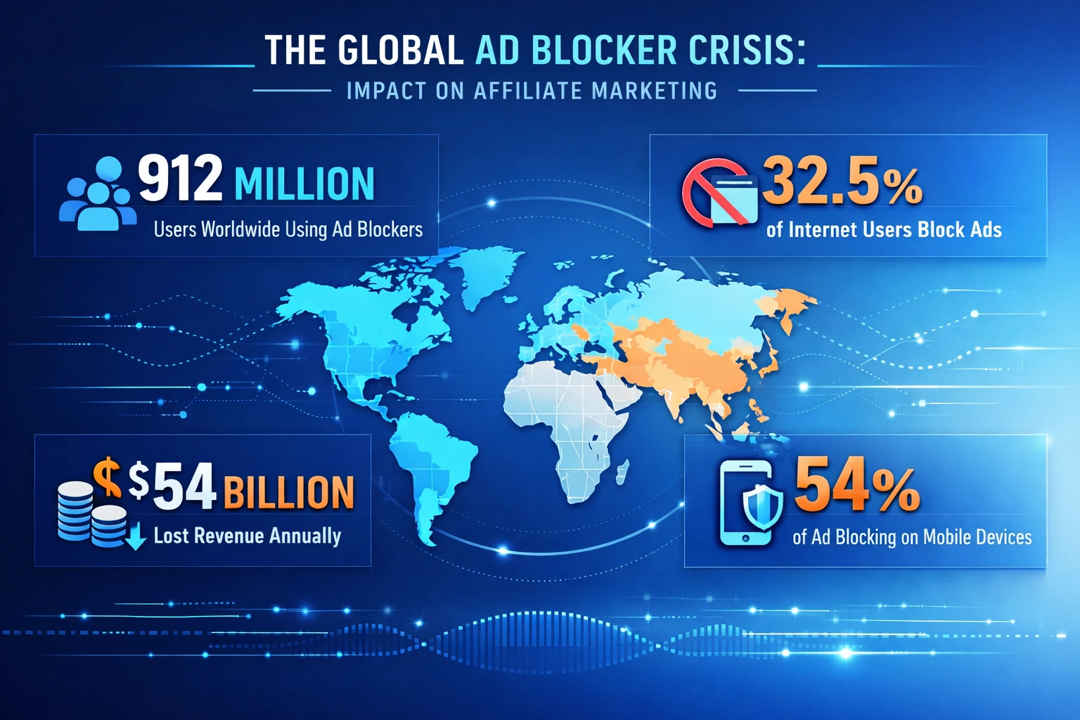 Globálna kríza adblockerov – vplyv na affiliate marketing: 912 miliónov používateľov, 32,5 % penetrácia, 54 miliárd dolárov strata príjmov, 54 % blokovanie na mobile