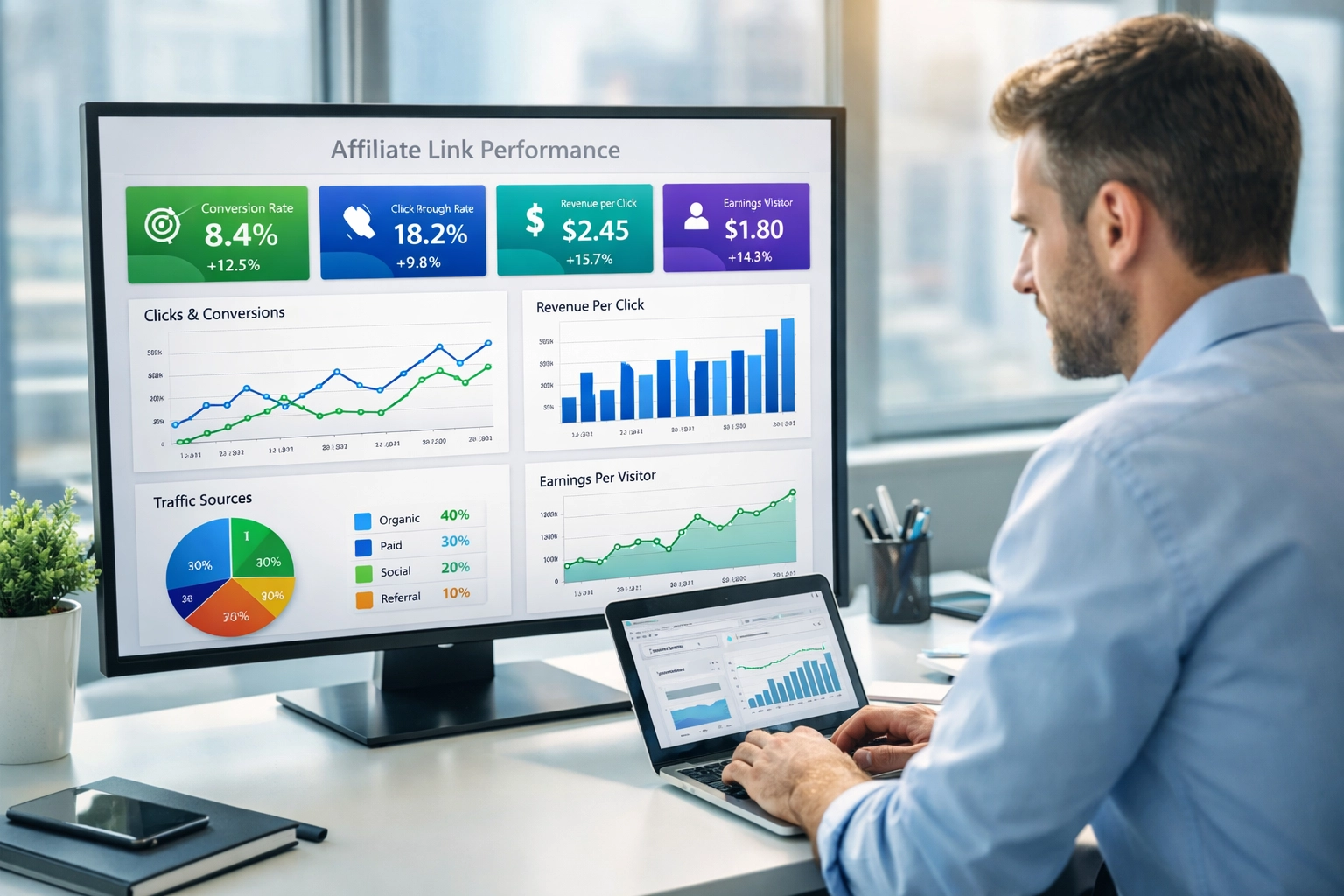Profesionálny analytický panel zobrazujúci výkonnostné metriky affiliate odkazov s konverznými pomermi, mierami preklikov a údajmi o výnosoch