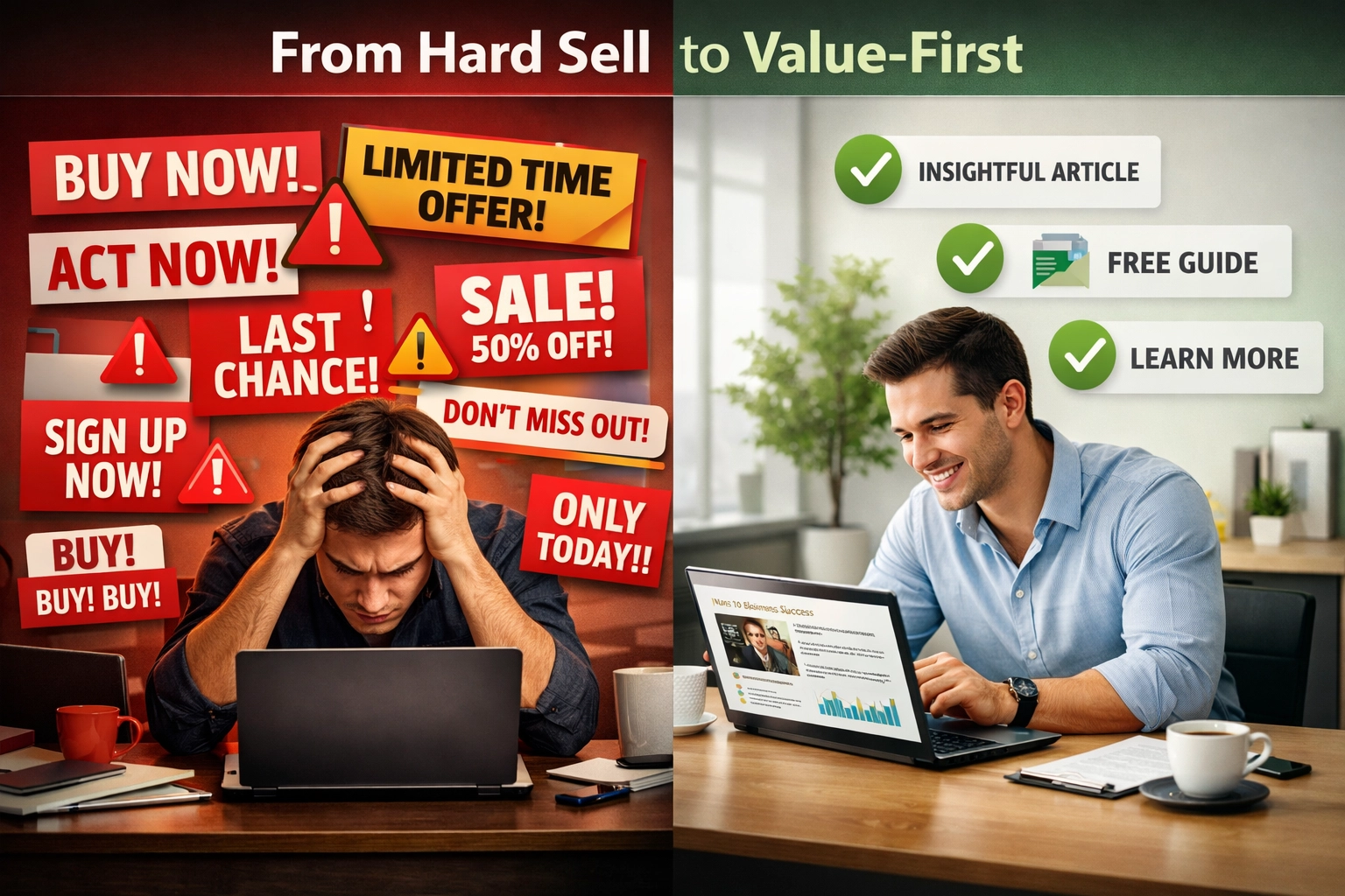 Kontrast medzi agresívnymi predajnými taktikami a hodnotovo orientovaným obsahom