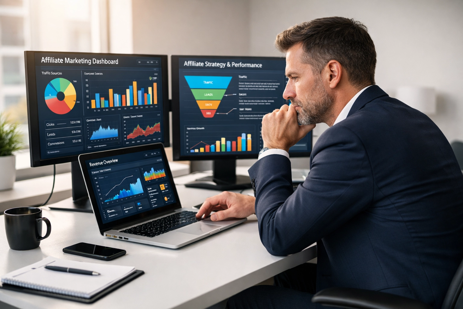 Podnikateľ analyzujúci affiliate marketingovú stratégiu pomocou dát a analytiky