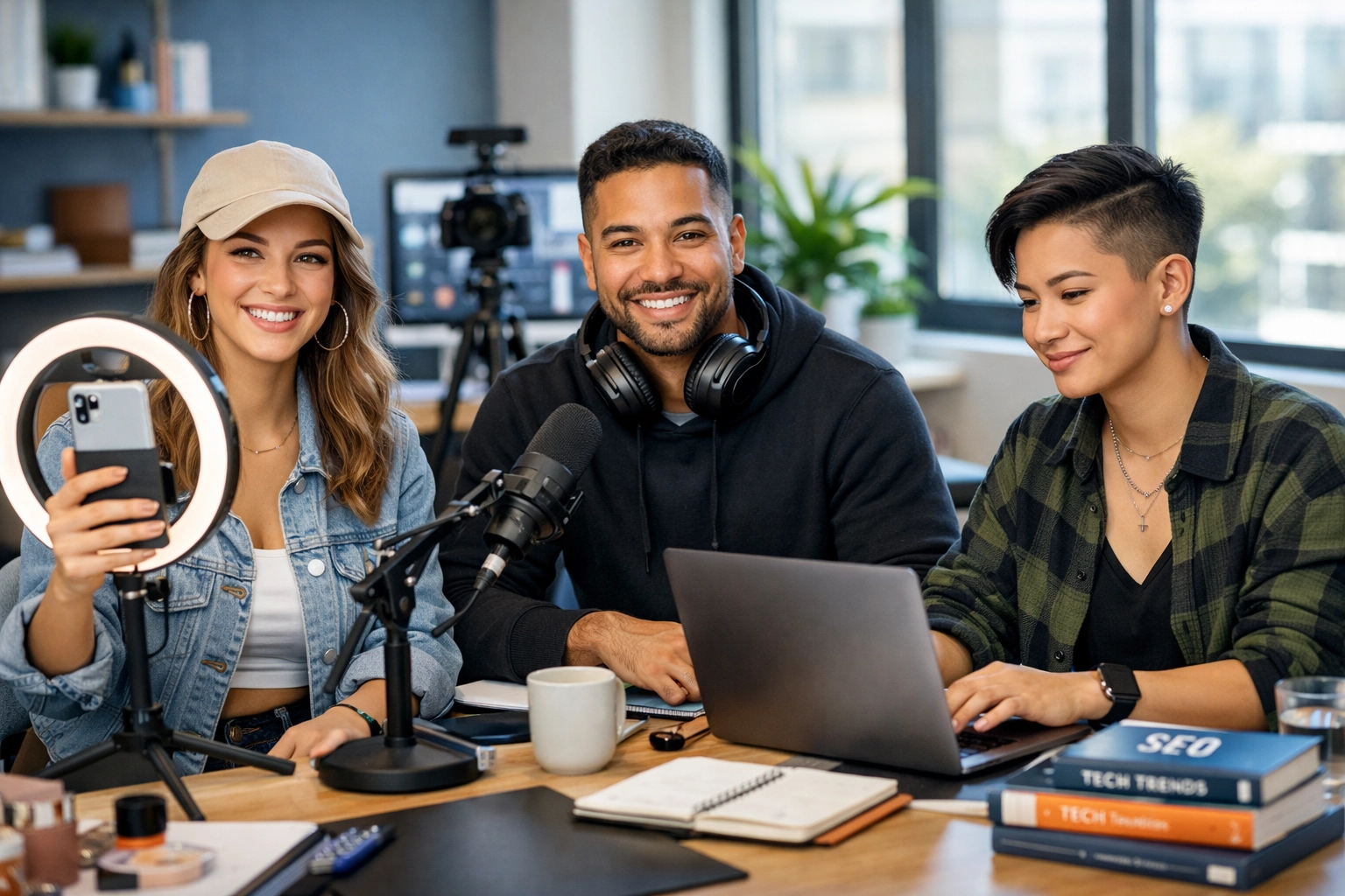 Diverse content creators collaborating: social media influencer, YouTuber, and tech blogger working together in modern tech startup office