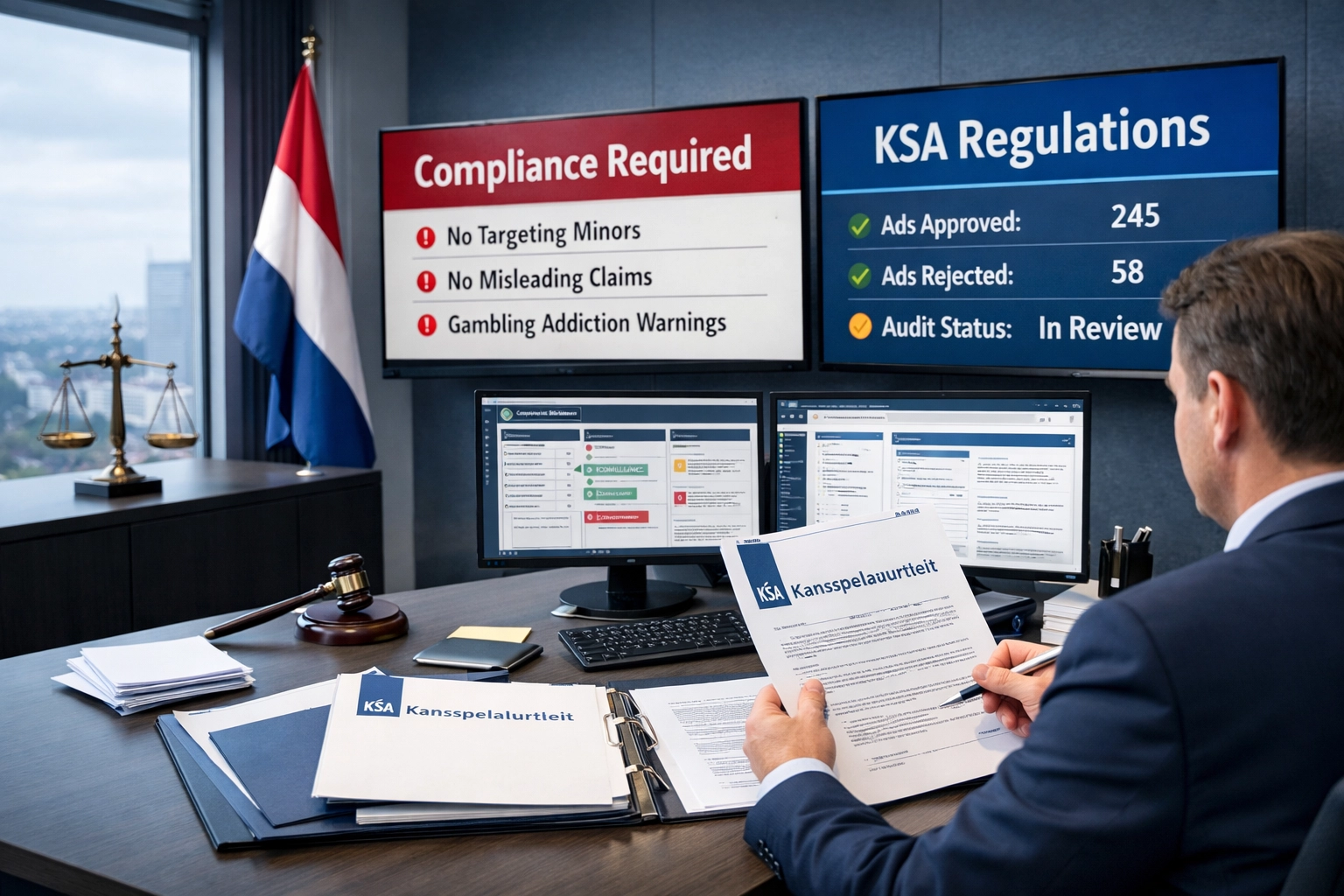 Dutch gambling regulatory compliance office with KSA documentation and compliance software