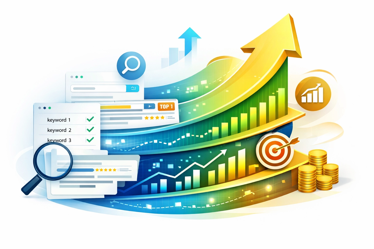 Abstraktná vizualizácia rastu a úspechu podnikania prostredníctvom výskumu kľúčových slov so stúpajúcou šípkou a analytickými ikonami