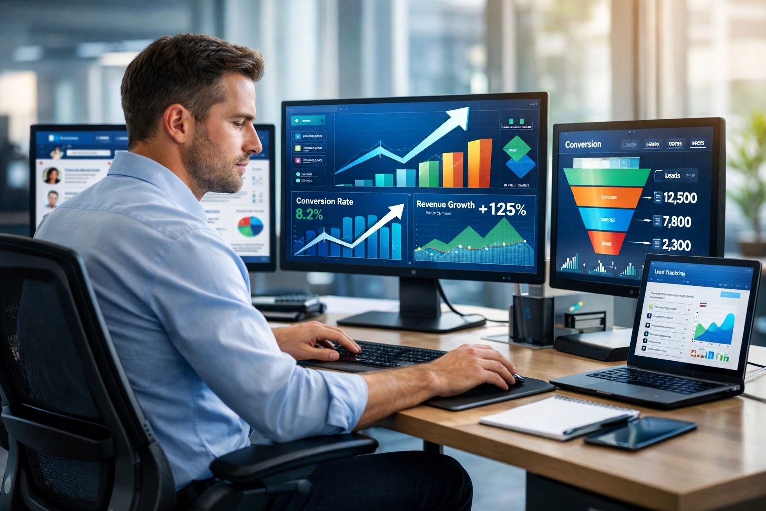 Affiliate marketér pracujúci s viacerými kanálmi generovania leadov a analytikou