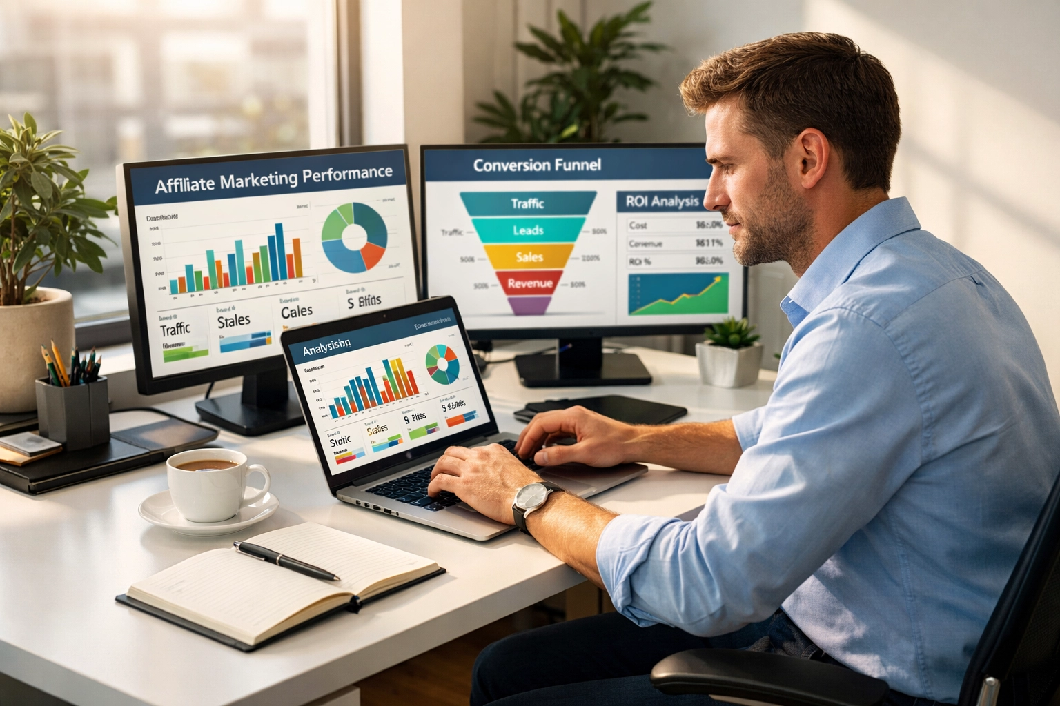 Profesionálny freelancer na affiliate marketing pracujúci za stolom s analytickým dashboardom