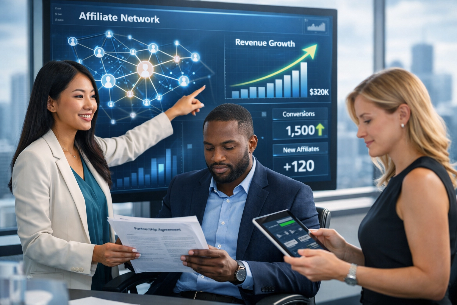 Profesionálny tím spolupracuje na stratégii náboru affiliate partnerov s diagramami sietí a rastovými metrikami