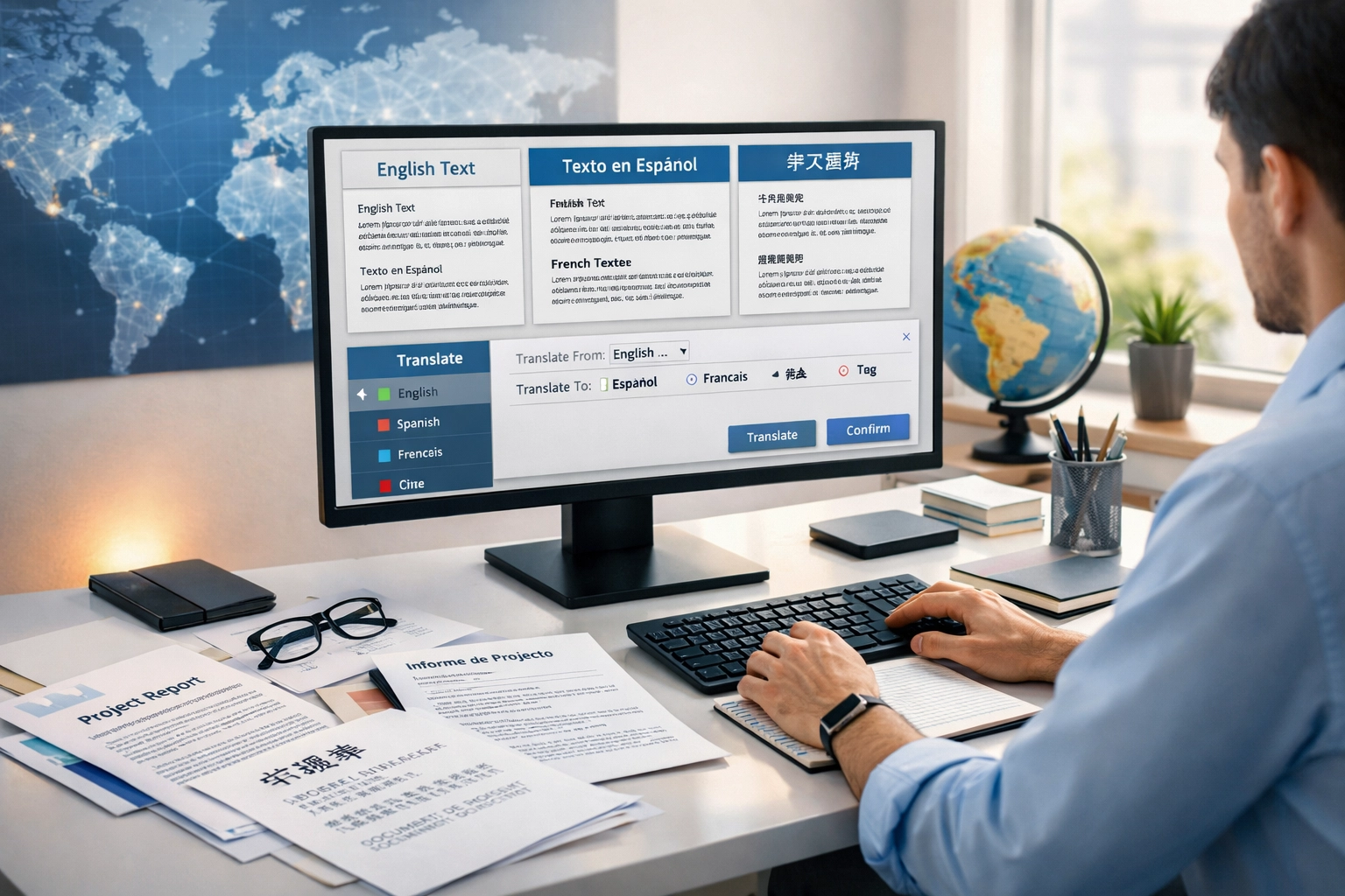 Profesionálne pracovisko zobrazujúce preklad viacjazyčného obsahu s dokumentmi v rôznych jazykoch