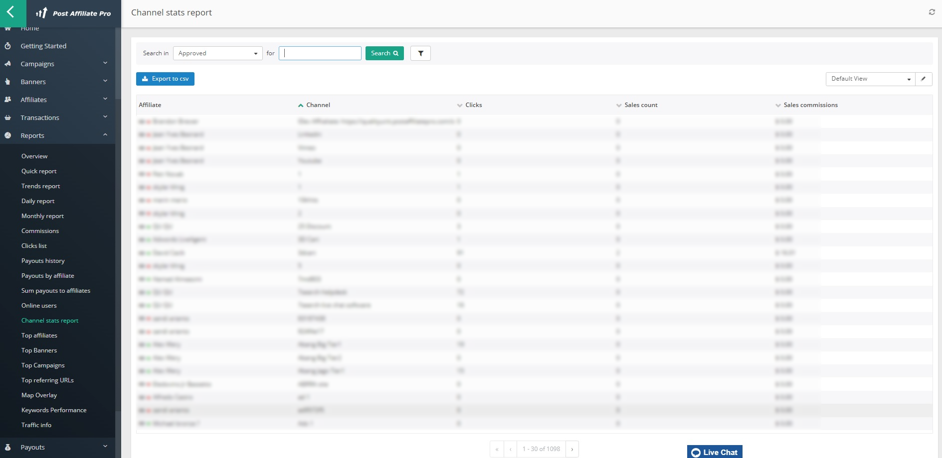 Post Affiliate Pro - Channel stats report