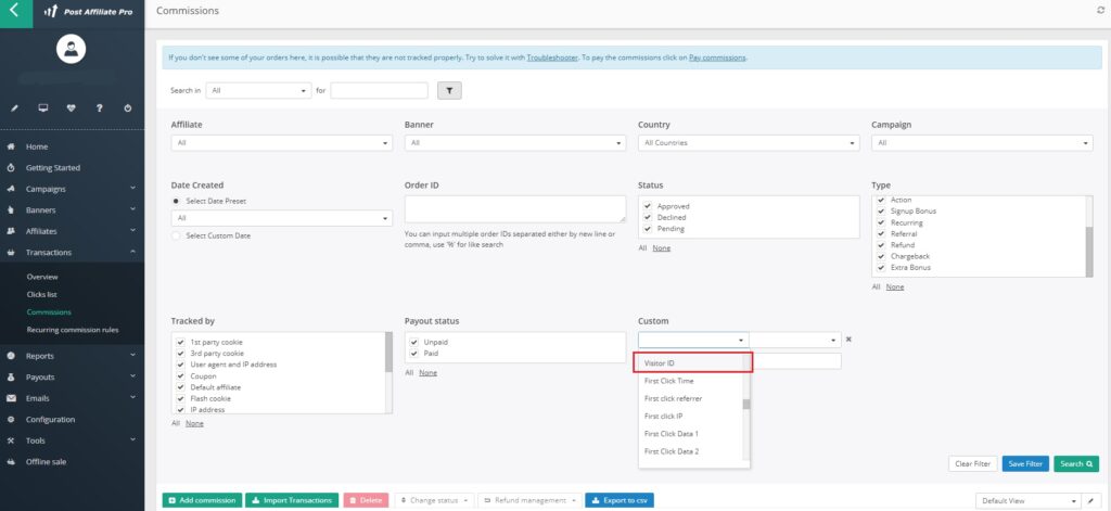 Post Affiliate Pro - Visitor ID filter in Commissions list