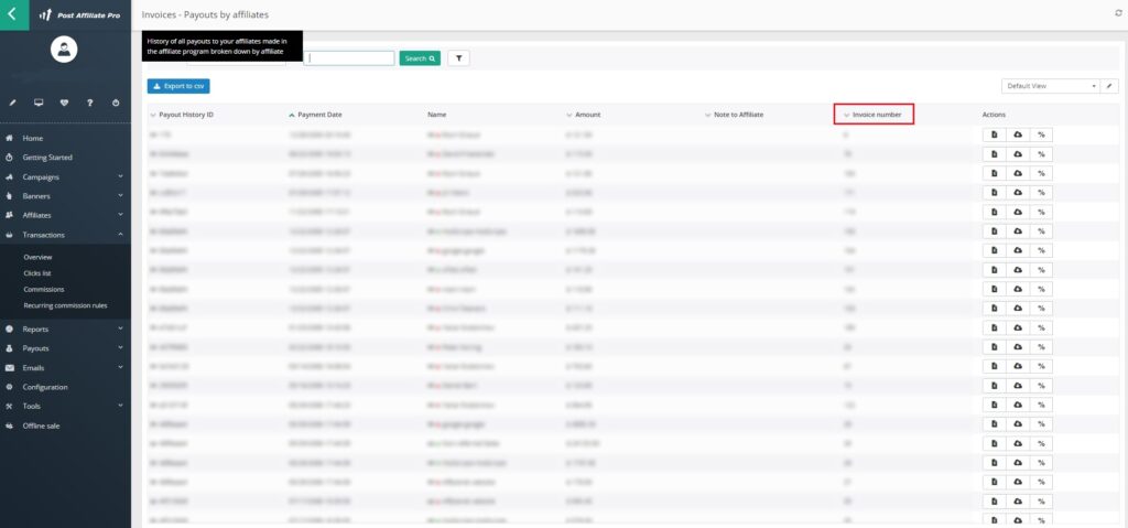 Post Affiliate Pro - search invoice by invoice number