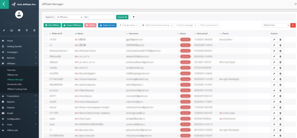 Post Affiliate Pro - triedenie správcov affiliate partnerov podľa mena