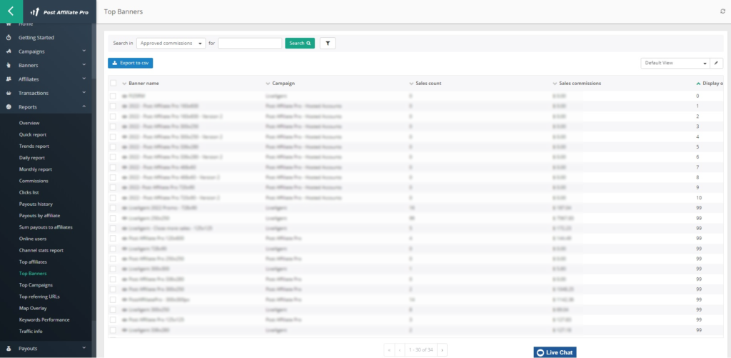 Post Affiliate Pro výpis top bannerov