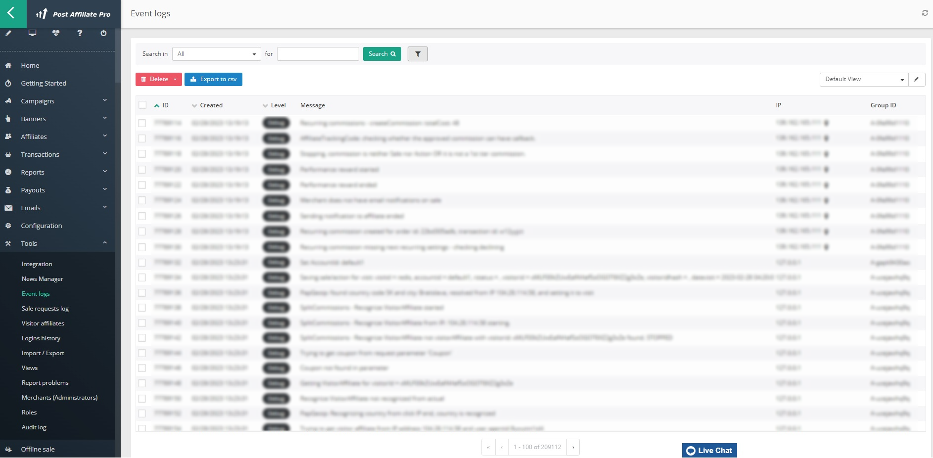 Post Affiliate Pro - Prehľad denníka udalostí