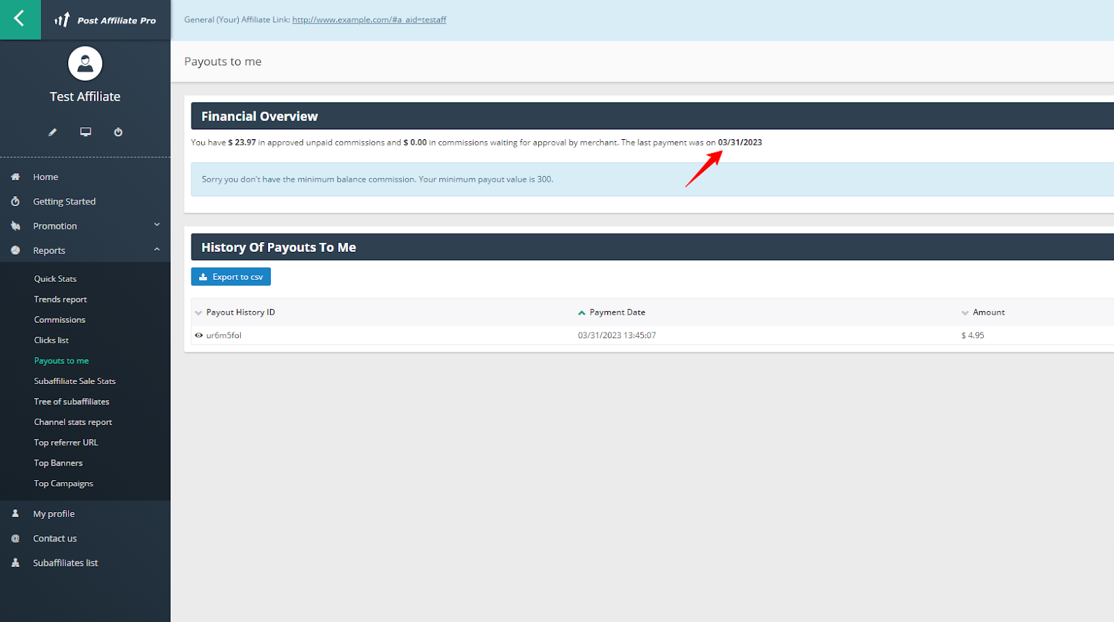 Partnerský panel zobrazujúci finančný prehľad, históriu vyplácania a navigačné menu
