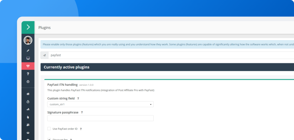 Obrazovka konfigurácie ukazujúca aktiváciu a nastavenie pluginu PayFast ITN handling v Post Affiliate Pro
