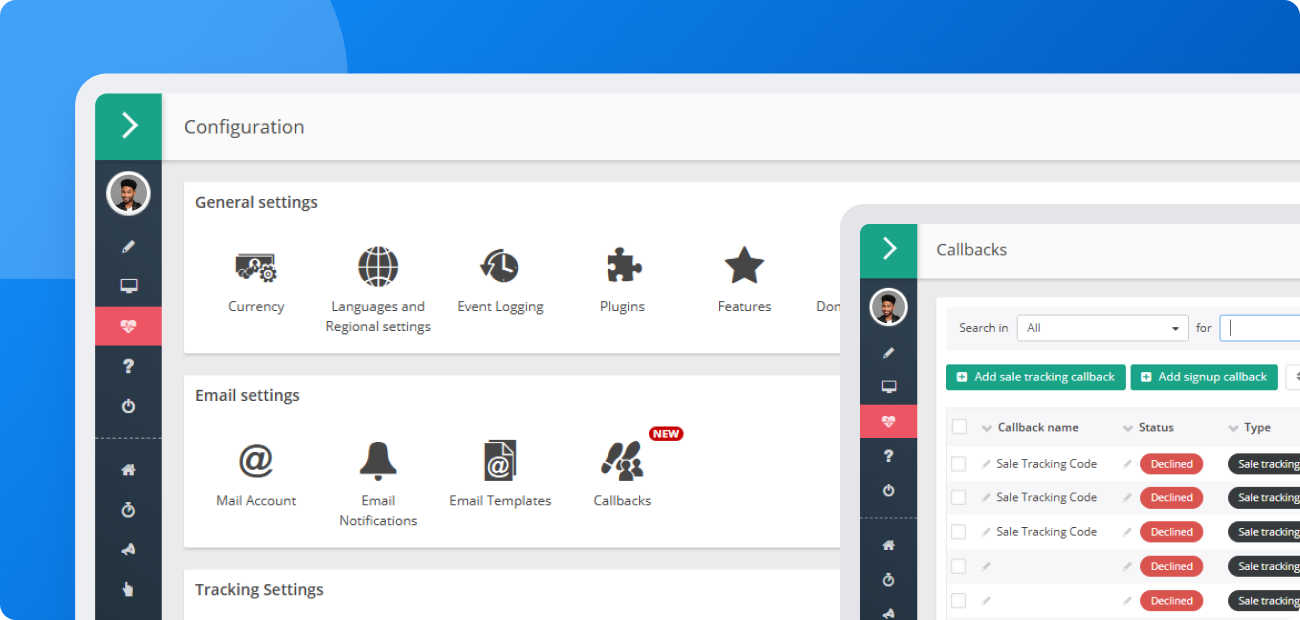 Konfiguračná obrazovka obchodníckeho panelu Post Affiliate Pro s novým rozhraním na pridávanie nových callback URL