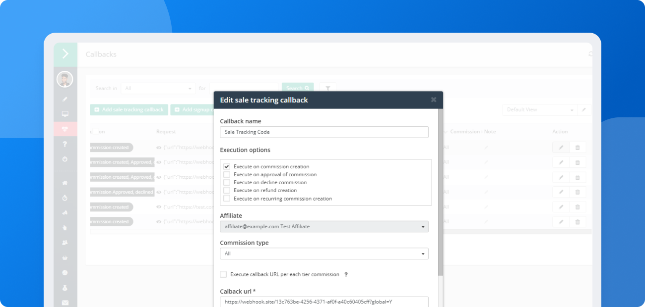 Konfiguračná obrazovka obchodníckeho panelu Post Affiliate Pro, kde môžete upravovať spúšťacie udalosti