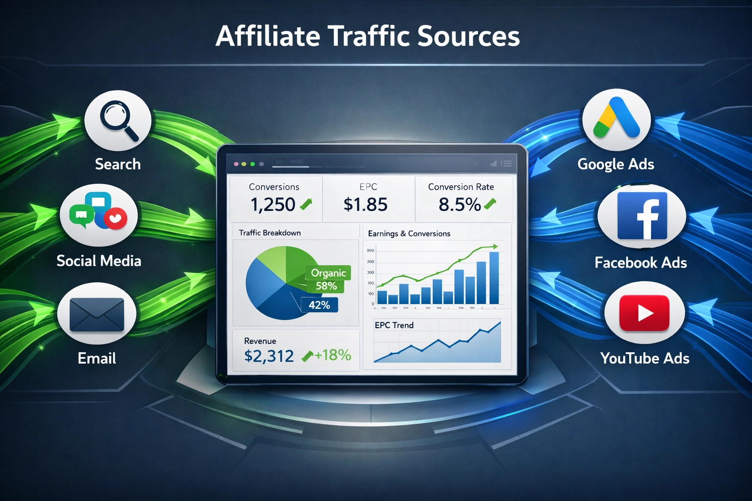 Affiliate traffic sources dashboard showing organic and paid traffic flows