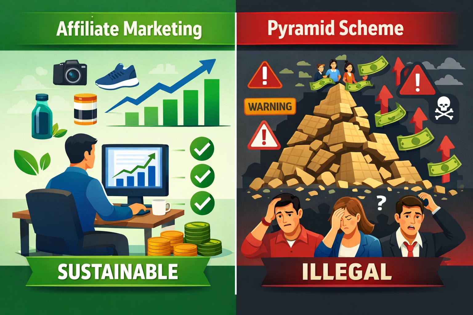 Porovnanie legitímneho affiliate marketingu a pyramídových schém