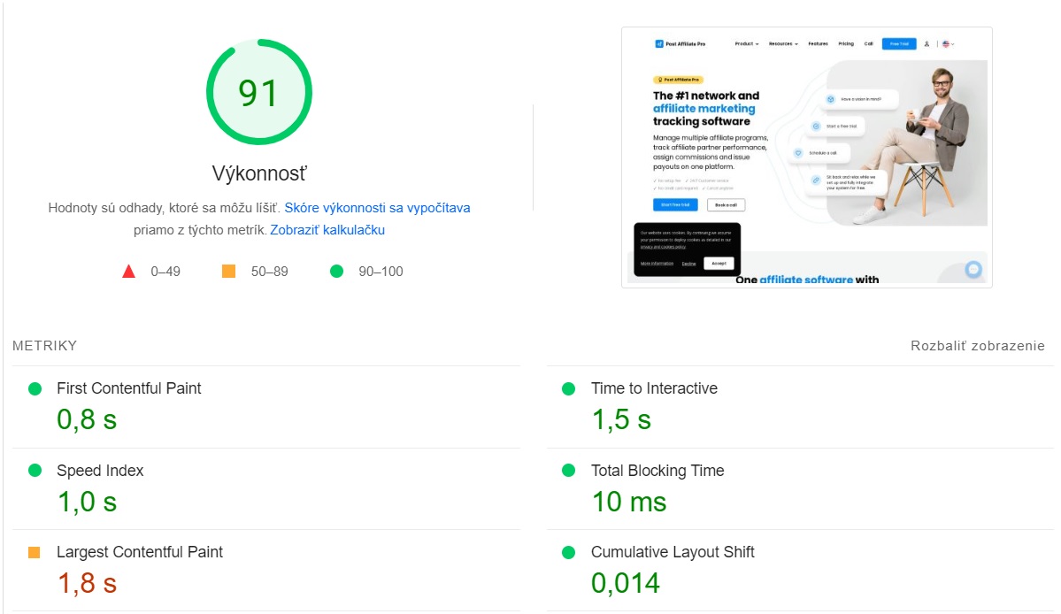 PageSpeed Performance on the Post Affiliate Pro website