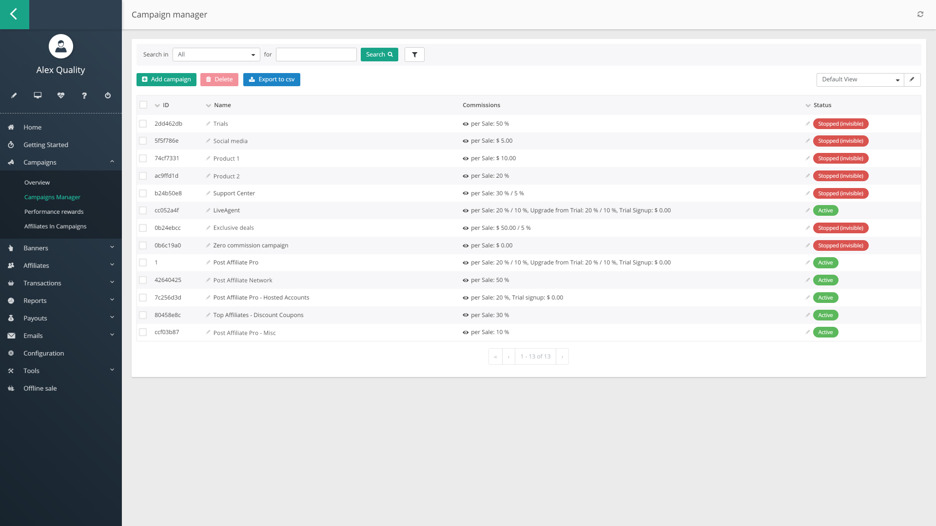 Kampane v Post Affiliate Pro