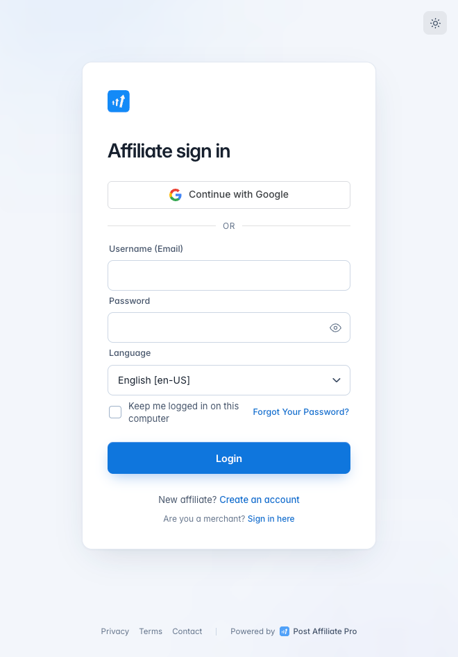 Tlačidlo Post Affiliate Pro Sign in with Google na prihlasovacej obrazovke