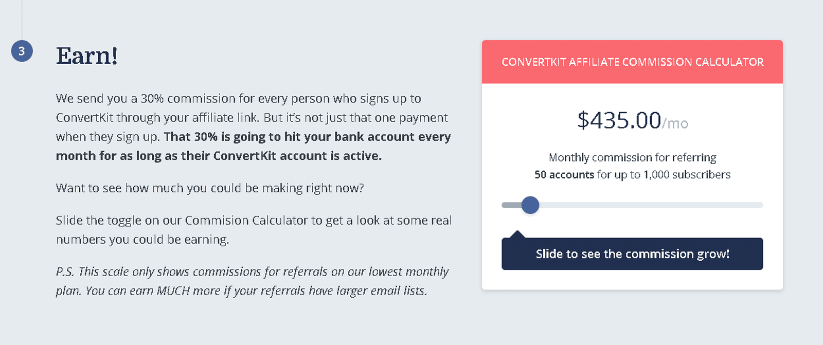 Example of affiliate commission calculator by ConvertKit