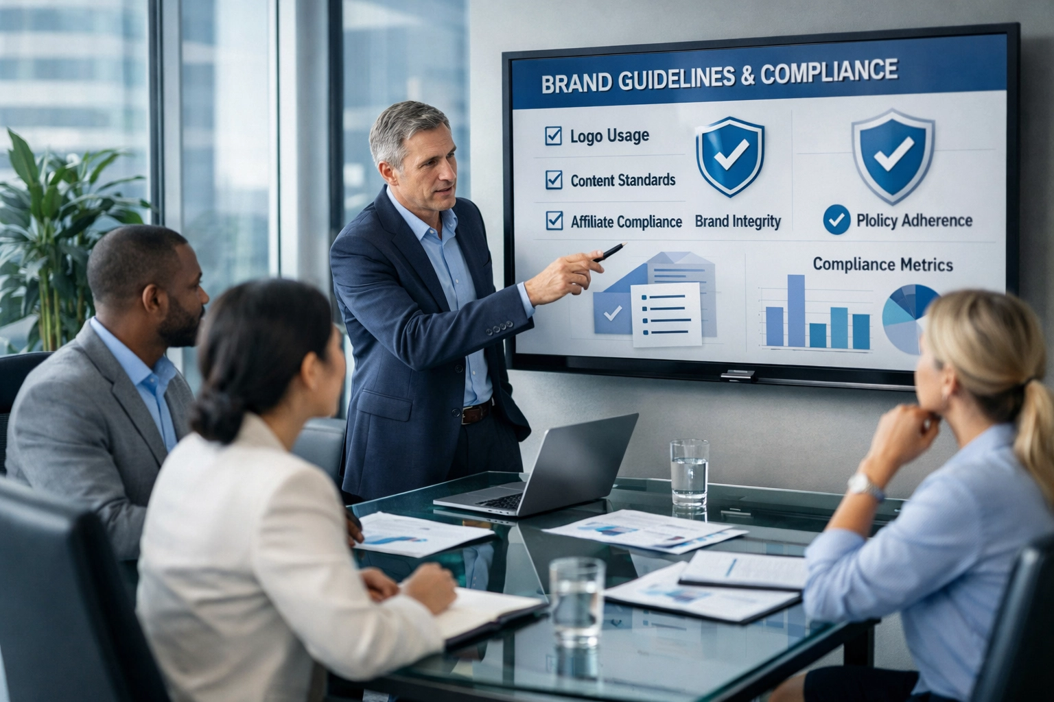 Profesionálny obchodný tím diskutuje o stratégii značky a súlade affiliate marketingu v moderných kanceláriách