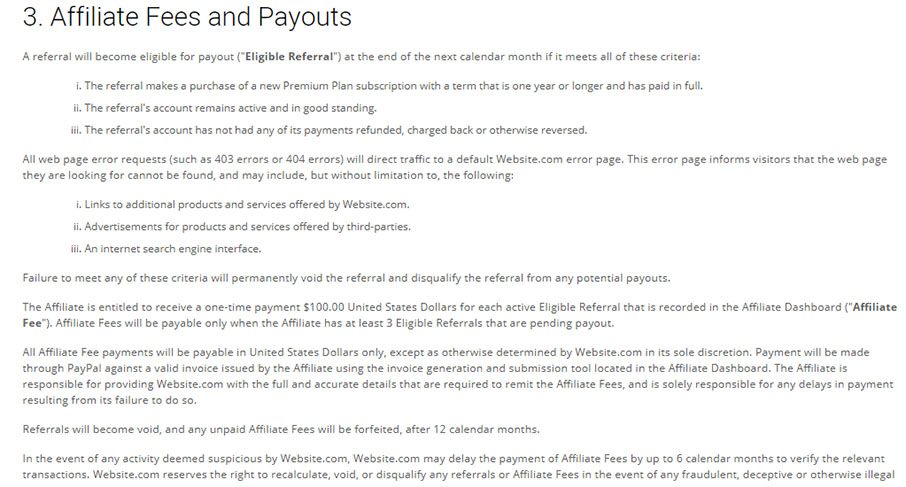 Website.com Affiliate fees and payouts