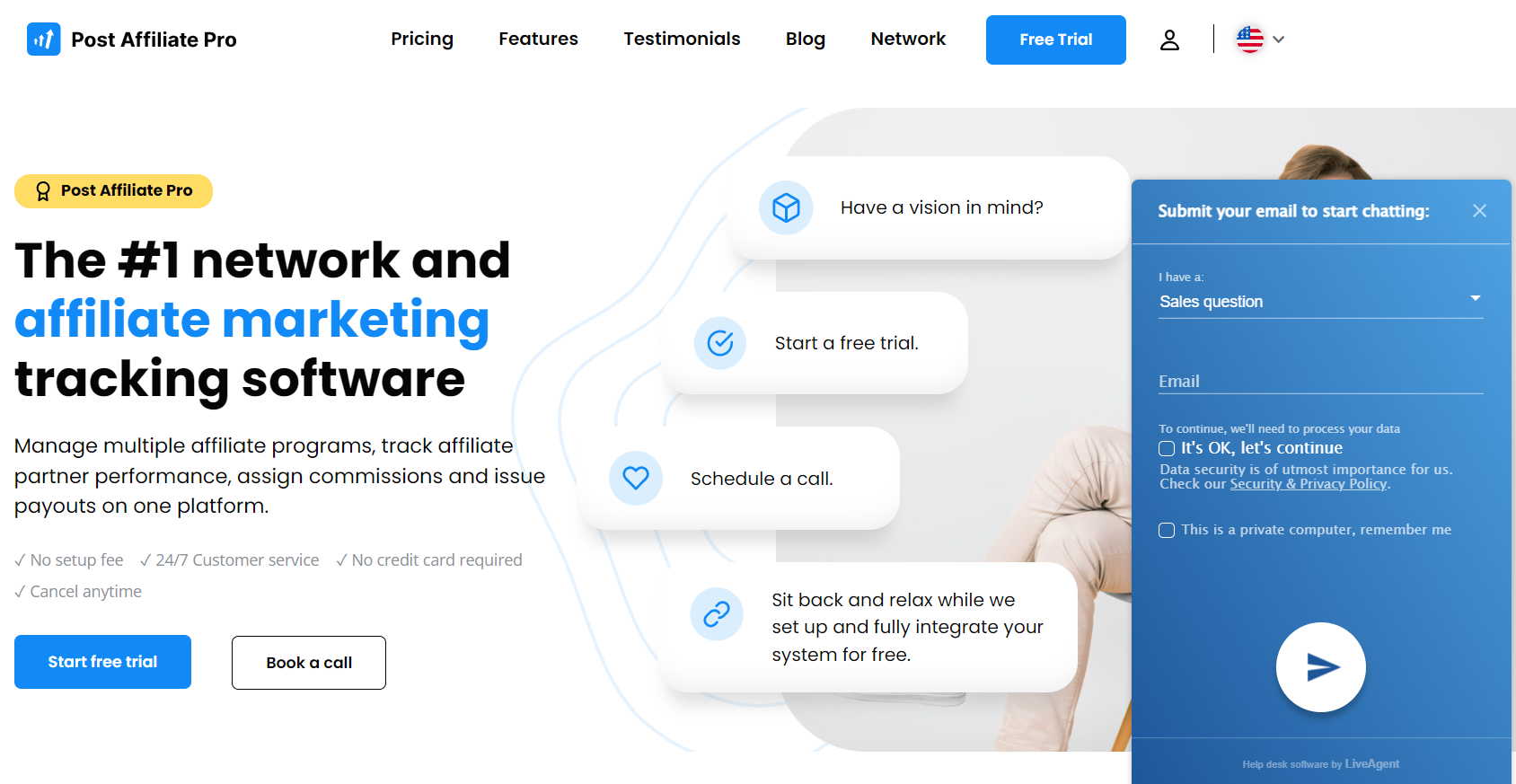 Live chat na stránke Post Affiliate Pro
