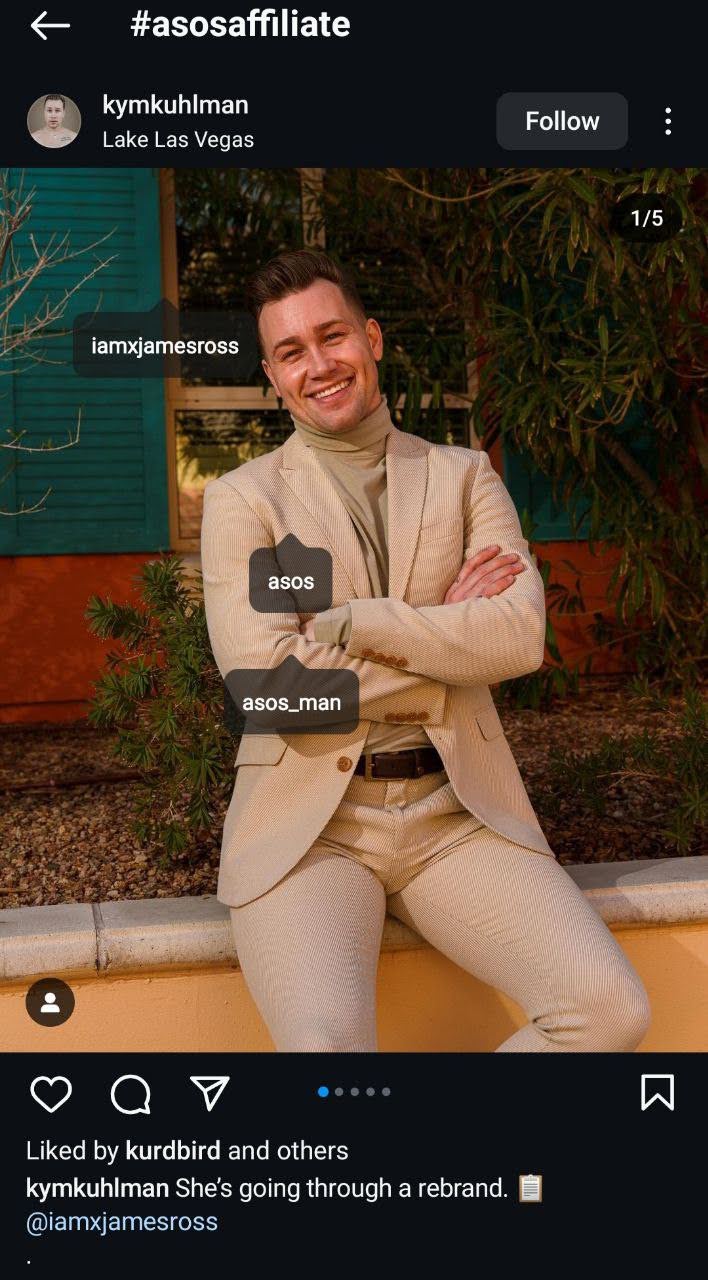 Snímka obrazovky Instagramového príspevku od @kymkuhlman zobrazujúceho oblečenie ako affiliate marketér.
